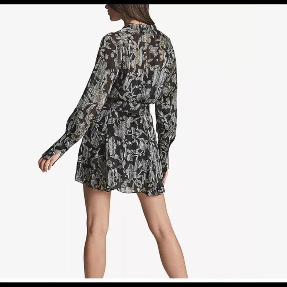 Reiss Larissa Black Floral Long Sleeve Belted Mini Dress - Picture 3 of 11
